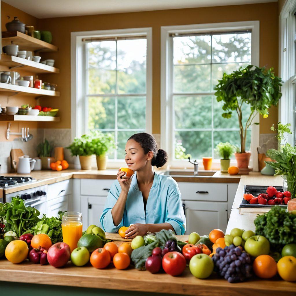 A serene and inviting scene featuring a cancer patient in a sunlit kitchen, preparing a colorful array of fresh fruits and vegetables while sipping herbal tea. Soft, comfortable furnishings and plants in the background suggest a holistic lifestyle, while an inspirational quote about healing decorates the wall. This image conveys warmth, hope, and the integration of nutrition with self-care. vibrant colors. soft focus. natural light.