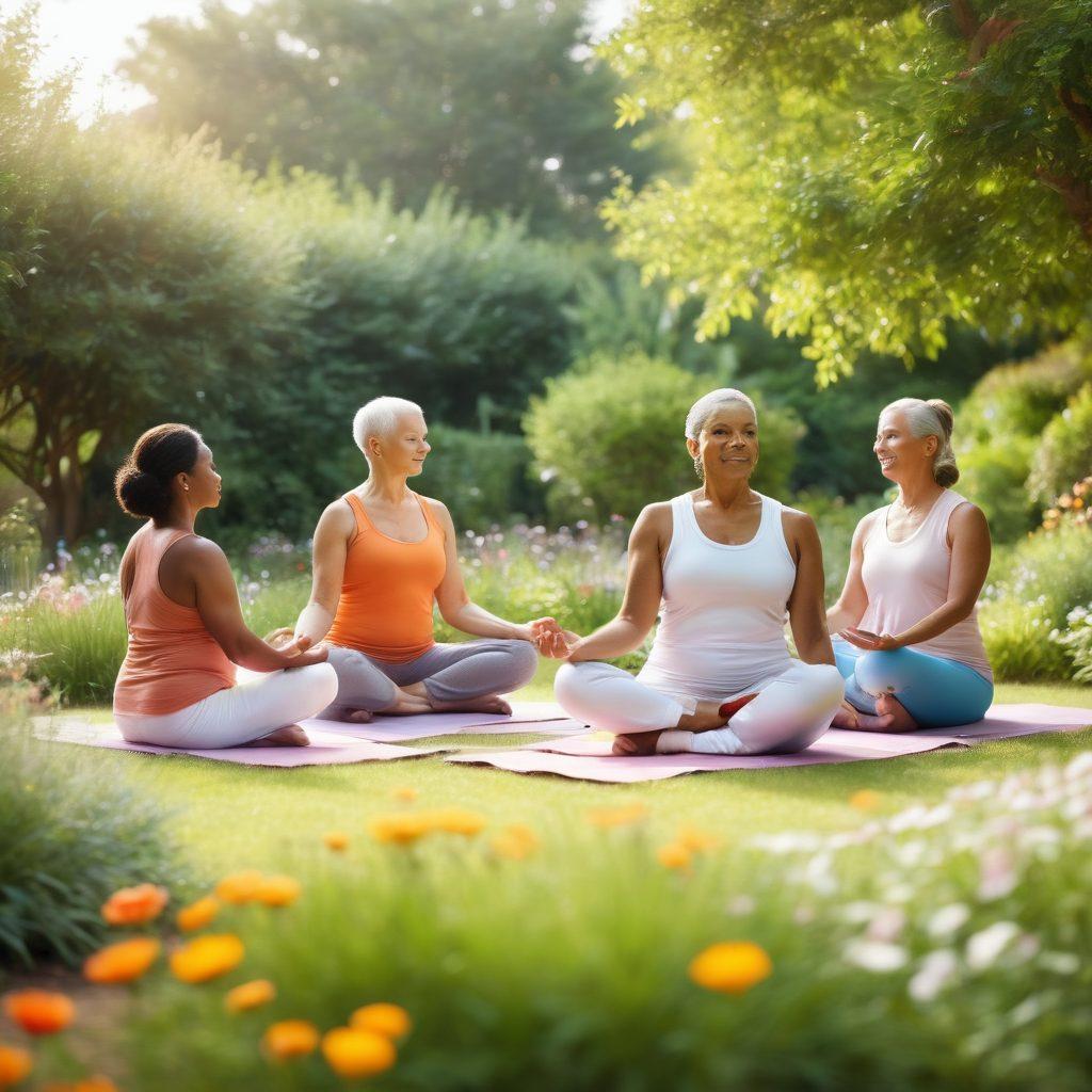 A serene scene featuring a diverse group of cancer patients engaged in wellness activities, such as yoga, meditation, and healthy cooking, set in a vibrant, sunlit garden. Include symbols of hope like blooming flowers and butterflies around them, evoking a sense of community and empowerment. Encompass different stages of the journey, with individuals of varying ages and backgrounds. soft-focus. warm colors. 3D.