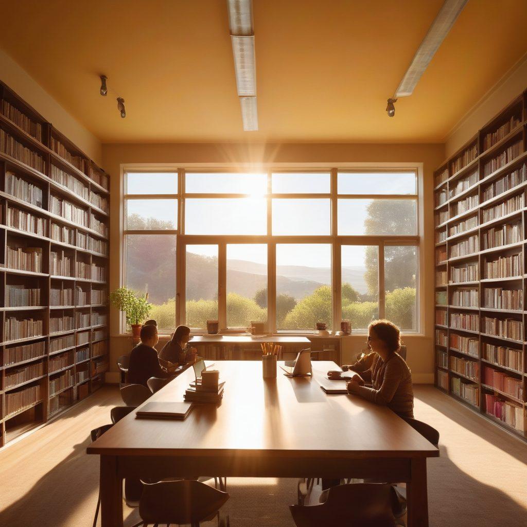A serene and inviting library setting, featuring a diverse group of people gathering around a large table filled with books, laptops, and coffee cups, engaged in lively discussions. In the background, shelves filled with colorful books and resources, emphasizing growth and learning. Sunlight streams through large windows, casting a warm glow on the scene. A chalkboard displays the words 'Empowerment Through Knowledge'. super-realistic. vibrant colors. warm tones.